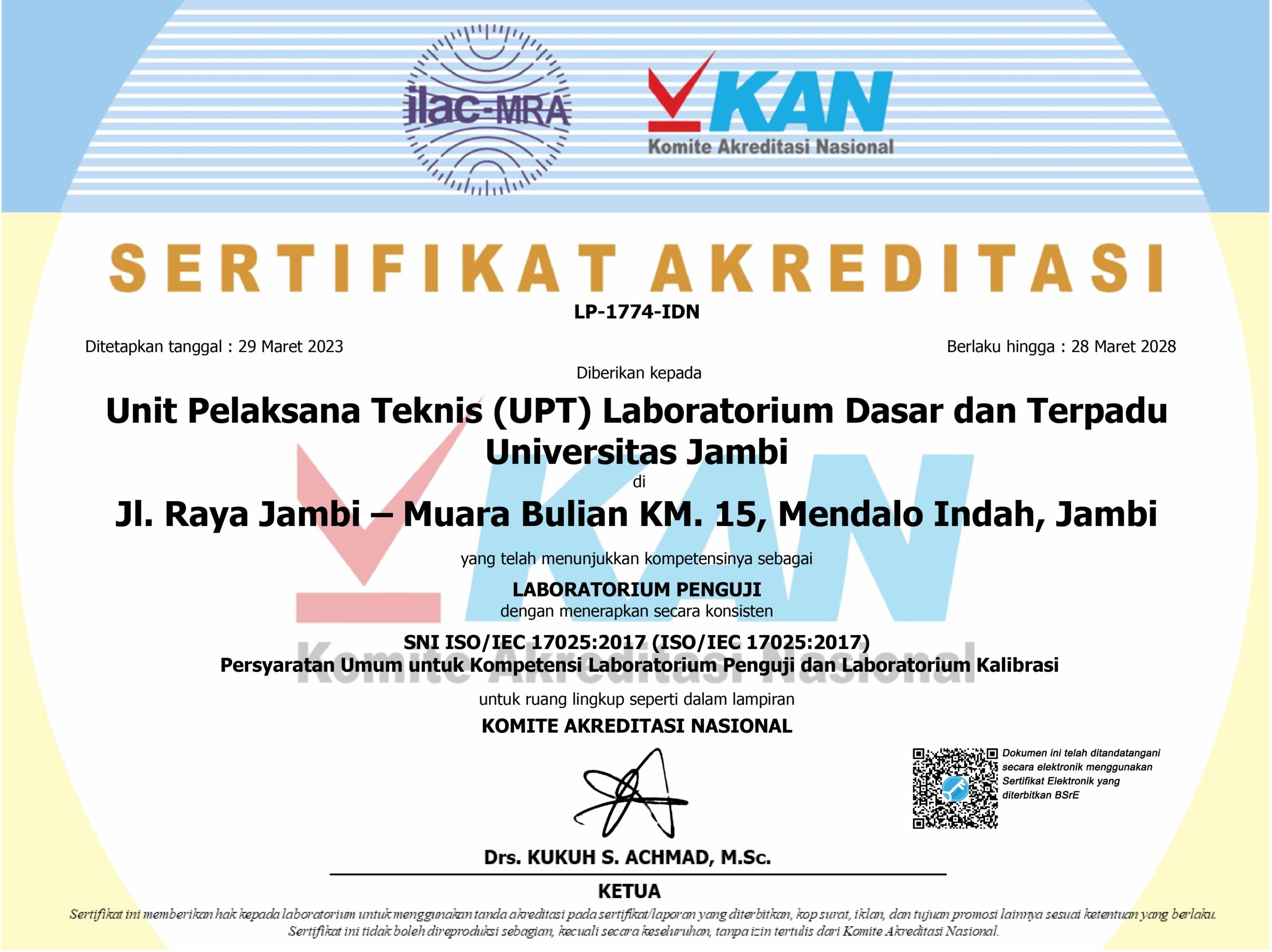 UPT Laboratorium Dasar dan Terpadu UNJA resmi Tersertifikasi ISO 17025:2017